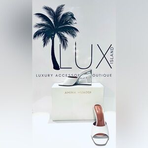 LUX ISLAND | Amina Muaddi Lupita White Leather Glass Wedge Mule Heels Size 7.5